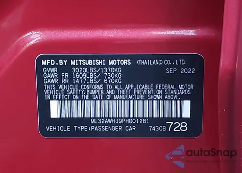 2023 Mitsubishi Mirage Black Edition/Ralliart/Se из США, поврежденный, VIN ML32AWHJ9PH001281